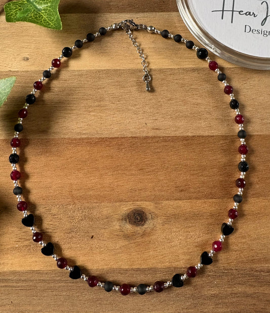 Handmade Beaded Necklace with Whitby Jet Heart Beads, Garnet & Obsidian – Stainless Steel Extender