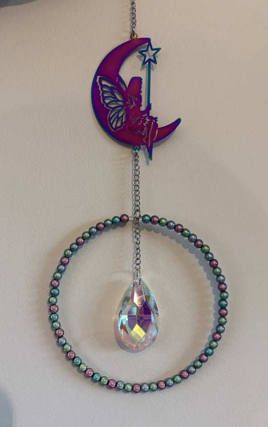 Iridescent Moon & Fairy Suncatcher with Lilac, Blue & Green Magic Beads