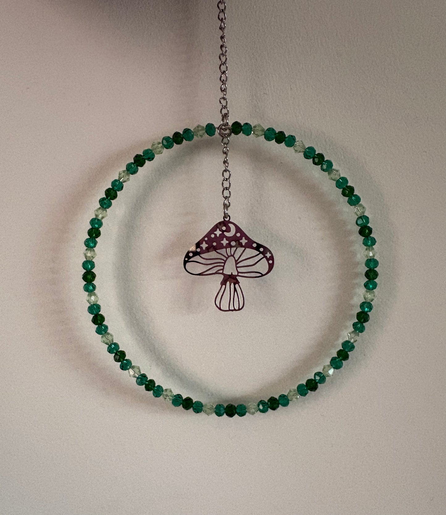 Green Glass Bead Suncatcher with Celestial Mushroom Charm
