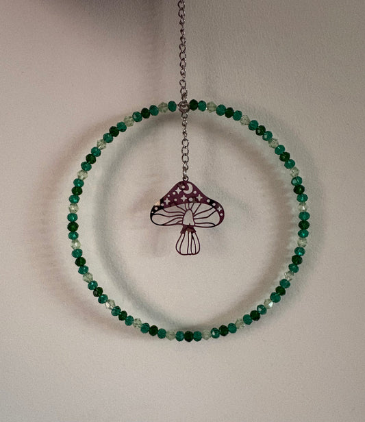 Green Glass Bead Suncatcher with Celestial Mushroom Charm