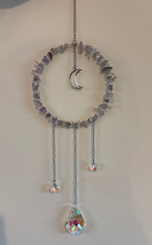Amethyst, Opalite & Labradorite Gemstone Suncatcher with Moon Accent & Star Crystals
