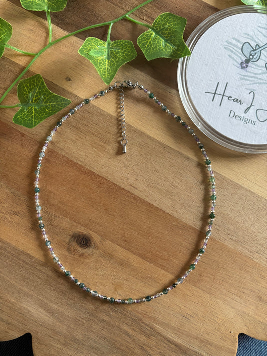 Handmade Crystal Necklace – Moss Agate, Amethyst & Stainless Steel Beads