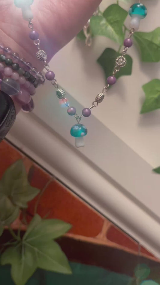Aqua Mushroom Necklace - glass and iridescent beads