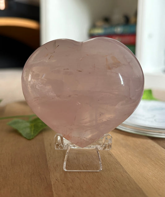 Star Rose Quartz with Golden Healer Inclusions Heart Carving & Acrylic Stand – Approx. 6.5 cm