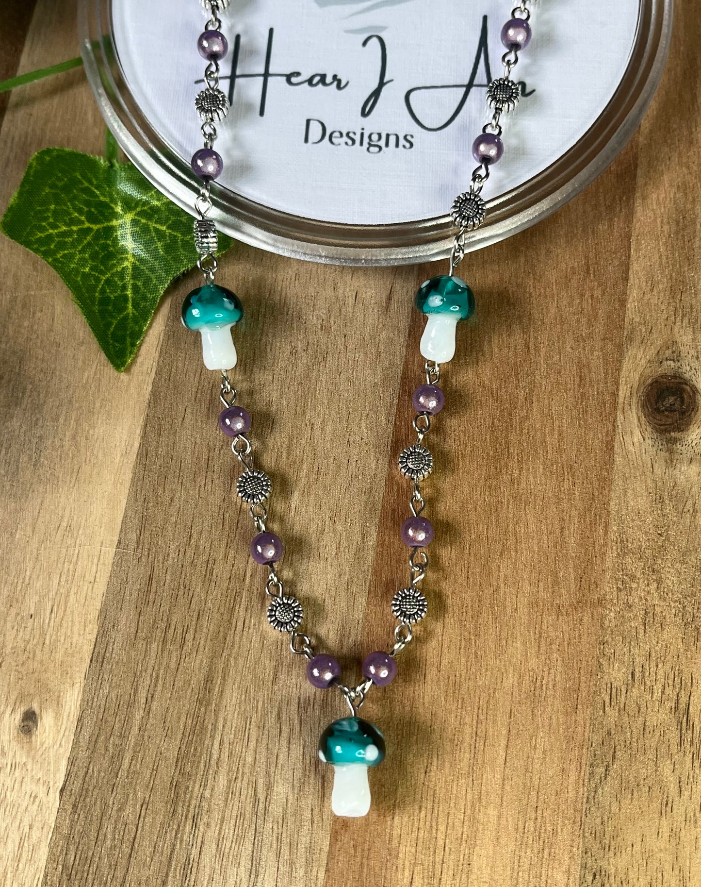 Aqua Mushroom Necklace - glass and iridescent beads