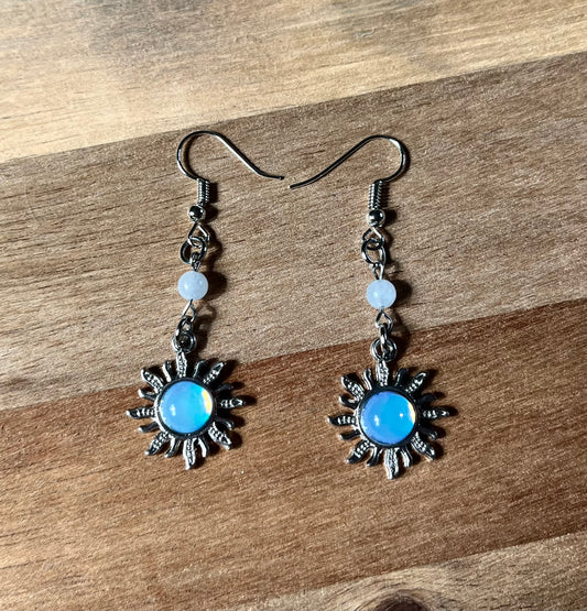Celestial Sun Earrings with Aquamarine Beads