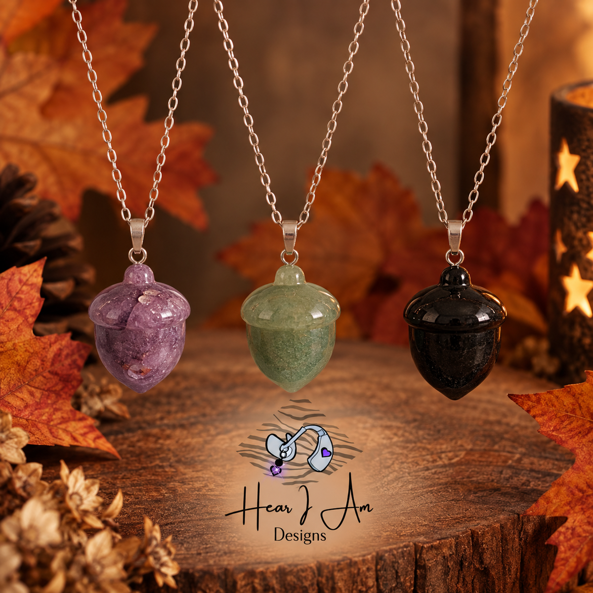 Crystal Acorn Pendant – Black Obsidian, Green Aventurine & Lepidolite