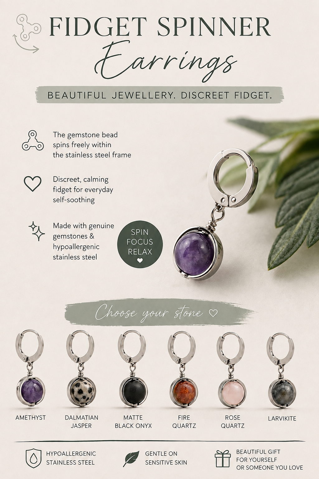 Fidget Spinner Gemstone Huggie Earrings