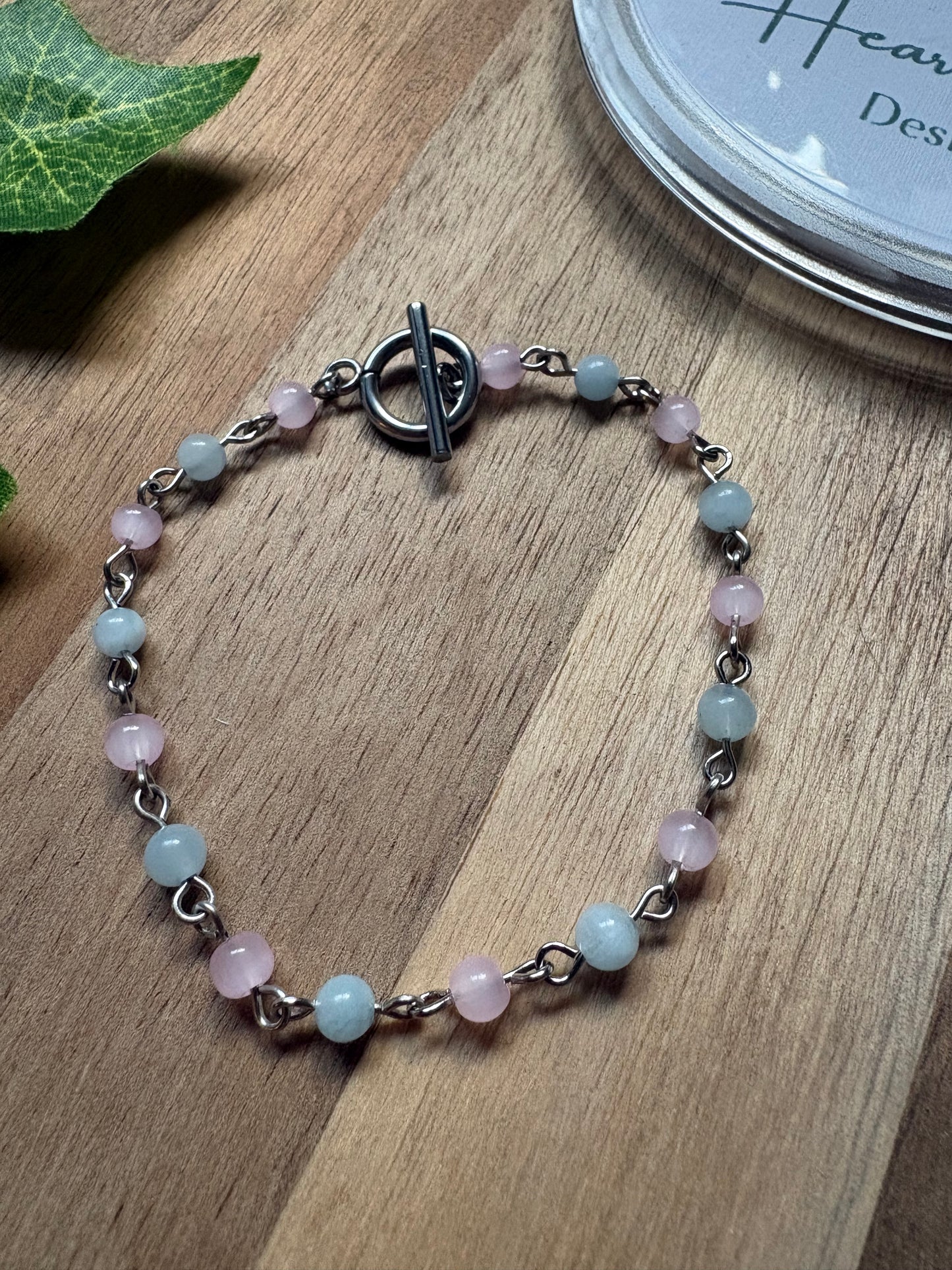 ✨ Hand Beaded Aquamarine & Pink Glass Bracelet with Toggle Clasp