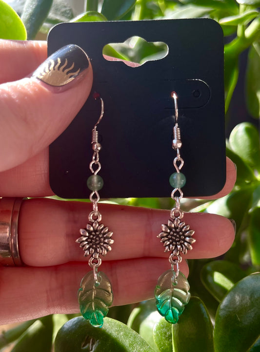 Stainless Steel Sunflower and Leaf Earrings
