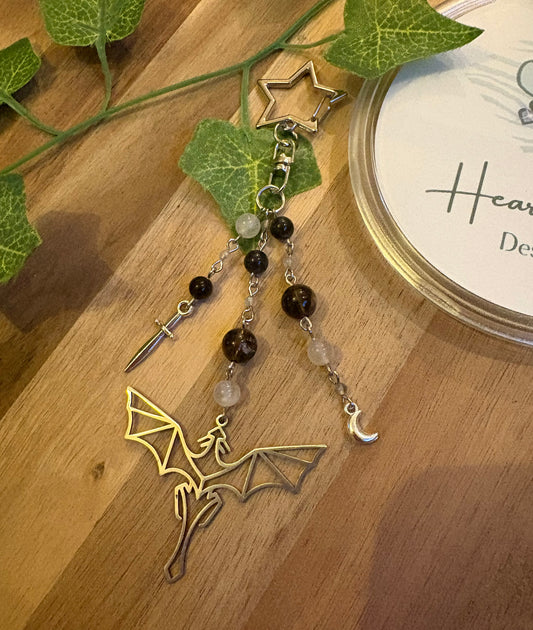 Geometric Dragon Crystal Bag Charm | Smoky Quartz, Obsidian & Labradorite