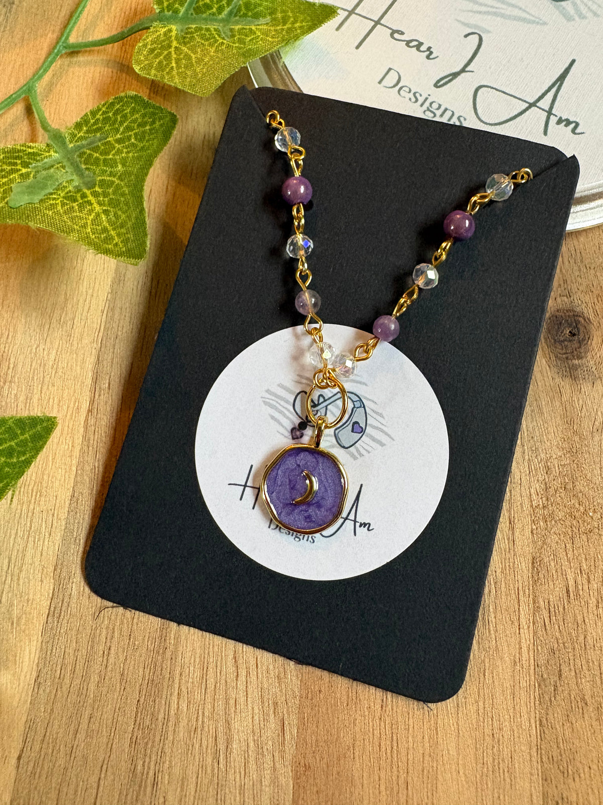 Amethyst & Purple Iridescent Glass Bead Moon Necklace