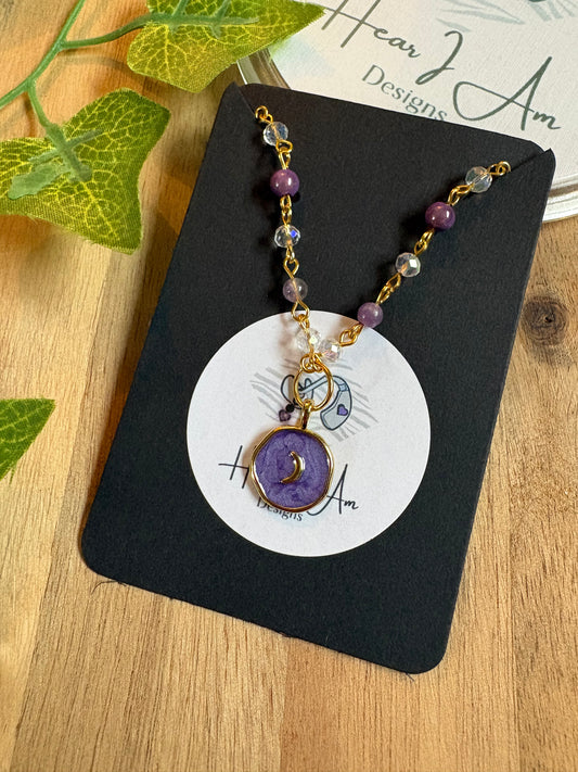 Amethyst & Purple Iridescent Glass Bead Moon Necklace