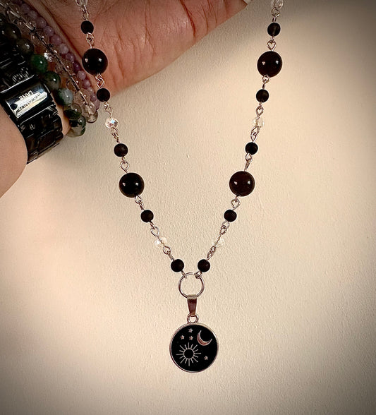 Glass & Ice Obsidian Star & Moon Necklace