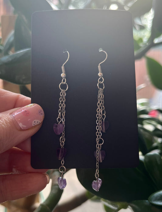 Crystal Heart Dangle Earrings - Available in Amethyst, Sodalite, Black Obsidian and Dalmatian Jasper