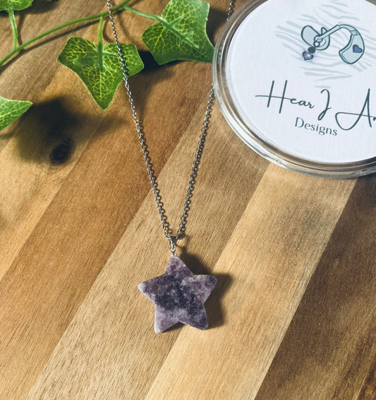 Lepidolite Star Pendants with Silver-Plated Bail & Stainless Steel Chain