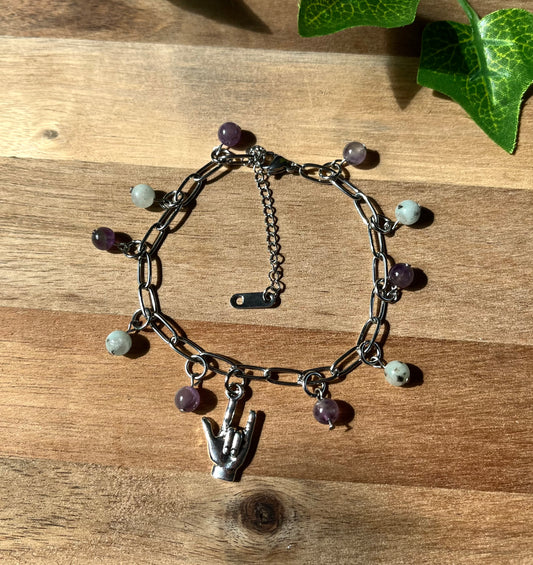 ILY Stainless Steel Paperclip Style Bracelet with Amethyst and Kiwi Jasper Beads