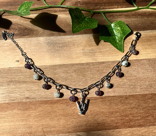 ILY Stainless Steel Paperclip Style Bracelet with Amethyst and Kiwi Jasper Beads
