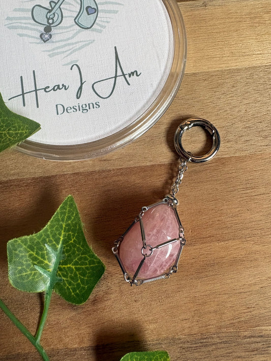 Stainless Steel Crystal Cage Keyring – Includes One Interchangeable Tumbled Crystal