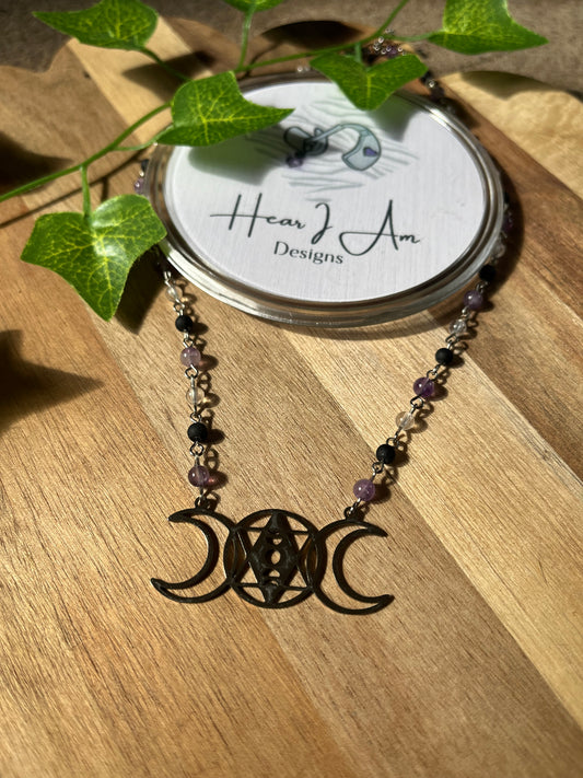 Moon Phase Beaded Necklace - Amethyst, Clear Quartz and Lava Stone