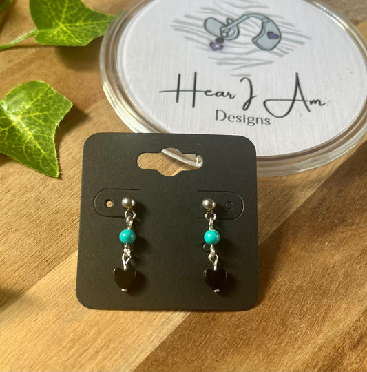 Stainless Steel Stud Earrings with Whitby Jet Hearts & Crystal Beads