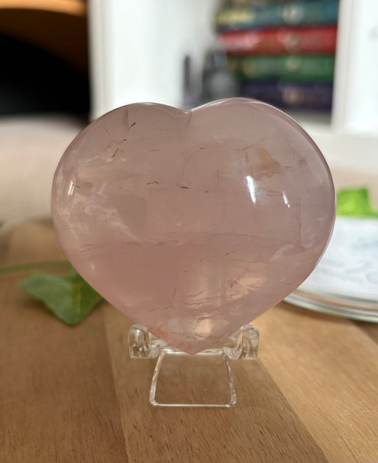 Star Rose Quartz with Golden Healer Inclusions Heart Carving & Acrylic Stand – Approx. 6.5 cm