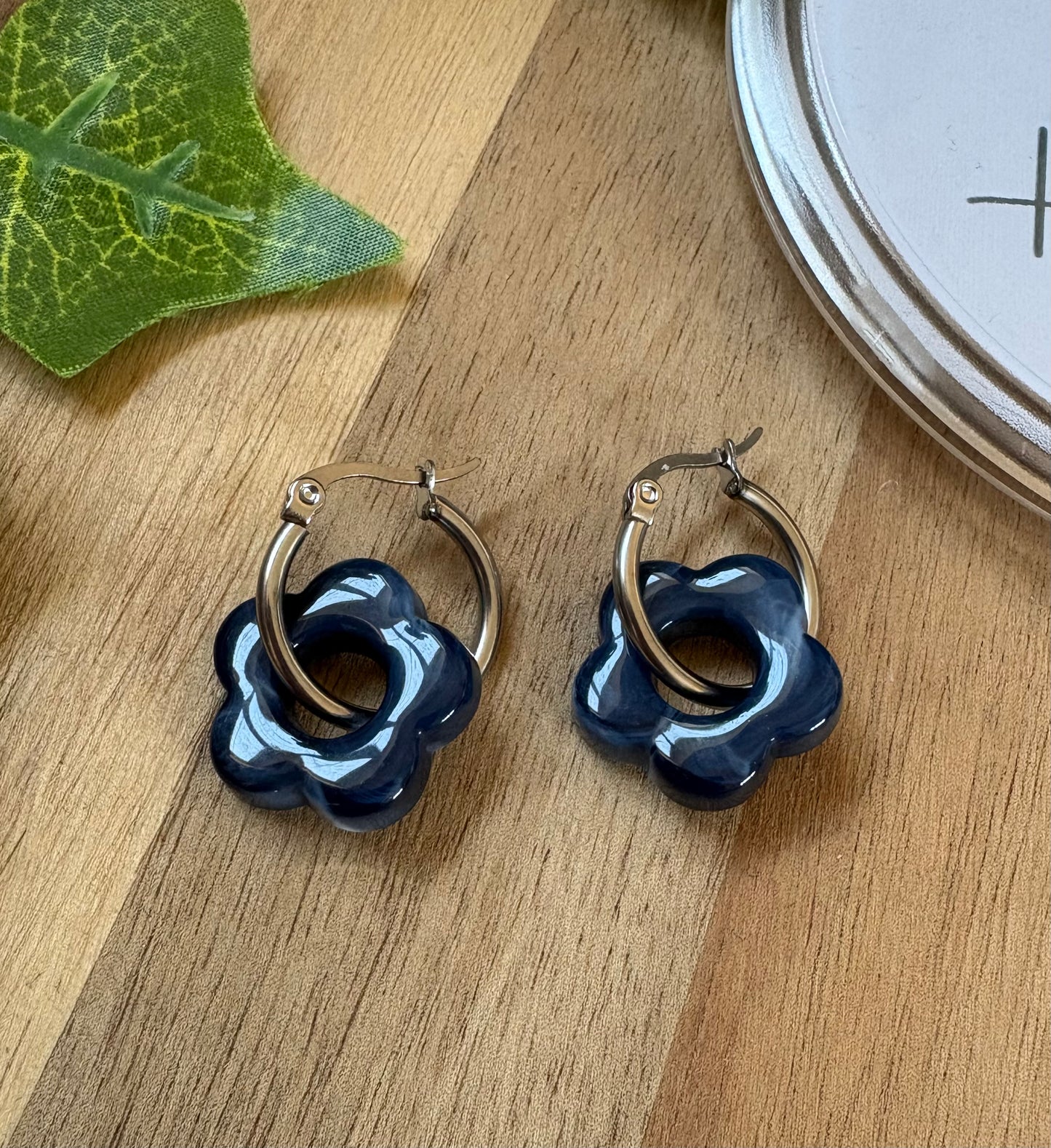 Spring Collection Stainless Steel Hoop Earrings with Acrylic Flowers