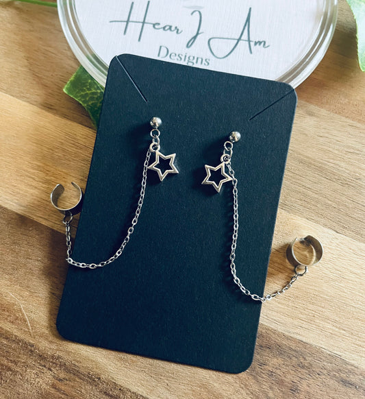 Stainless Steel Star Chain Earrings with Ear Cuff