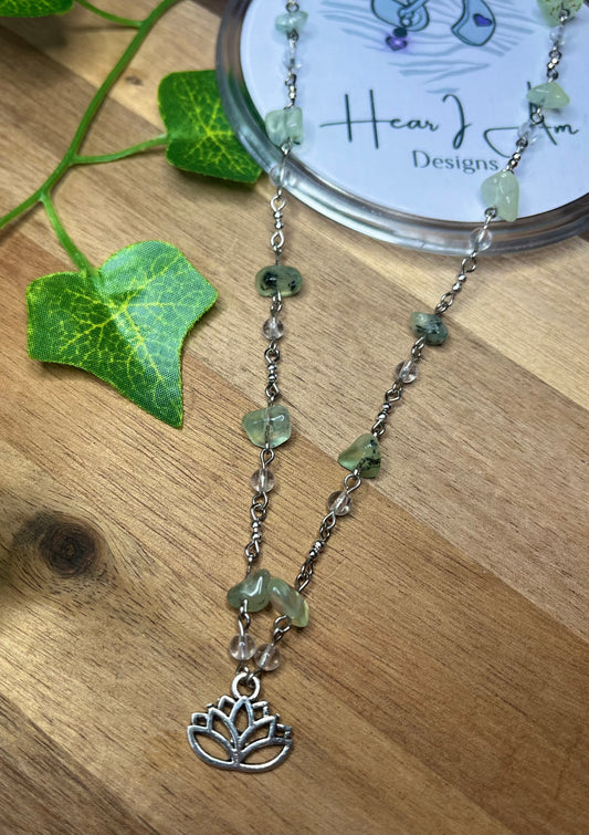 Lotus Beaded Necklace - Prehnite, Clear Quartz and Stainless Steel Beads