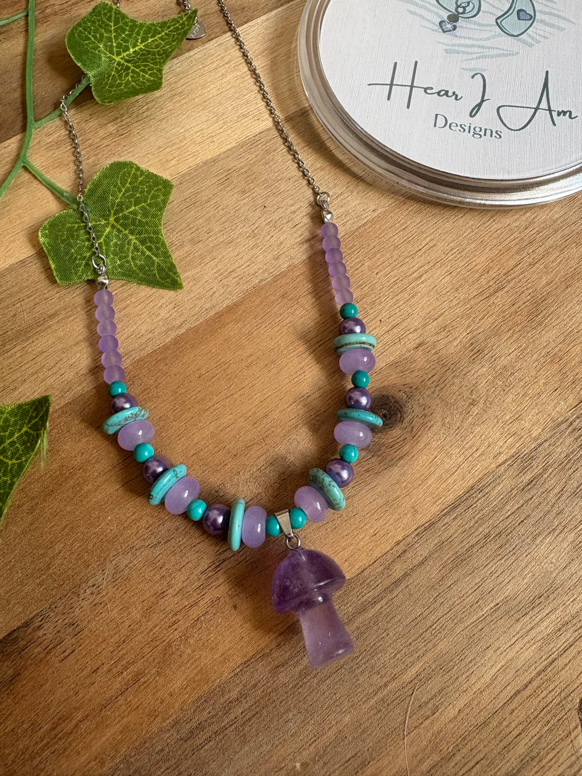 Amethyst Mushroom & Turquoise Beaded Necklace 🍄💜