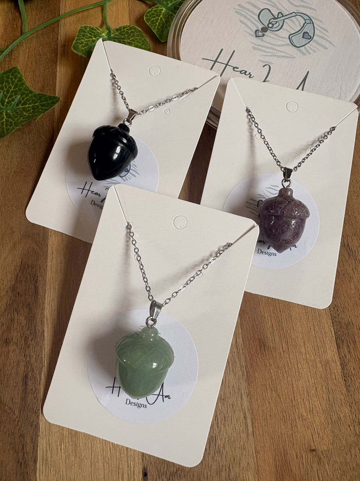 Crystal Acorn Pendant – Black Obsidian, Green Aventurine & Lepidolite