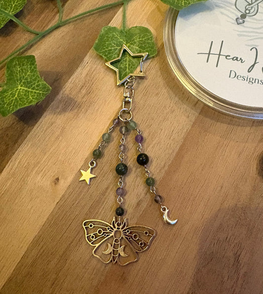Lunar Moth Crystal Bag Charm | Moss Agate, Amethyst & Green Aventurine