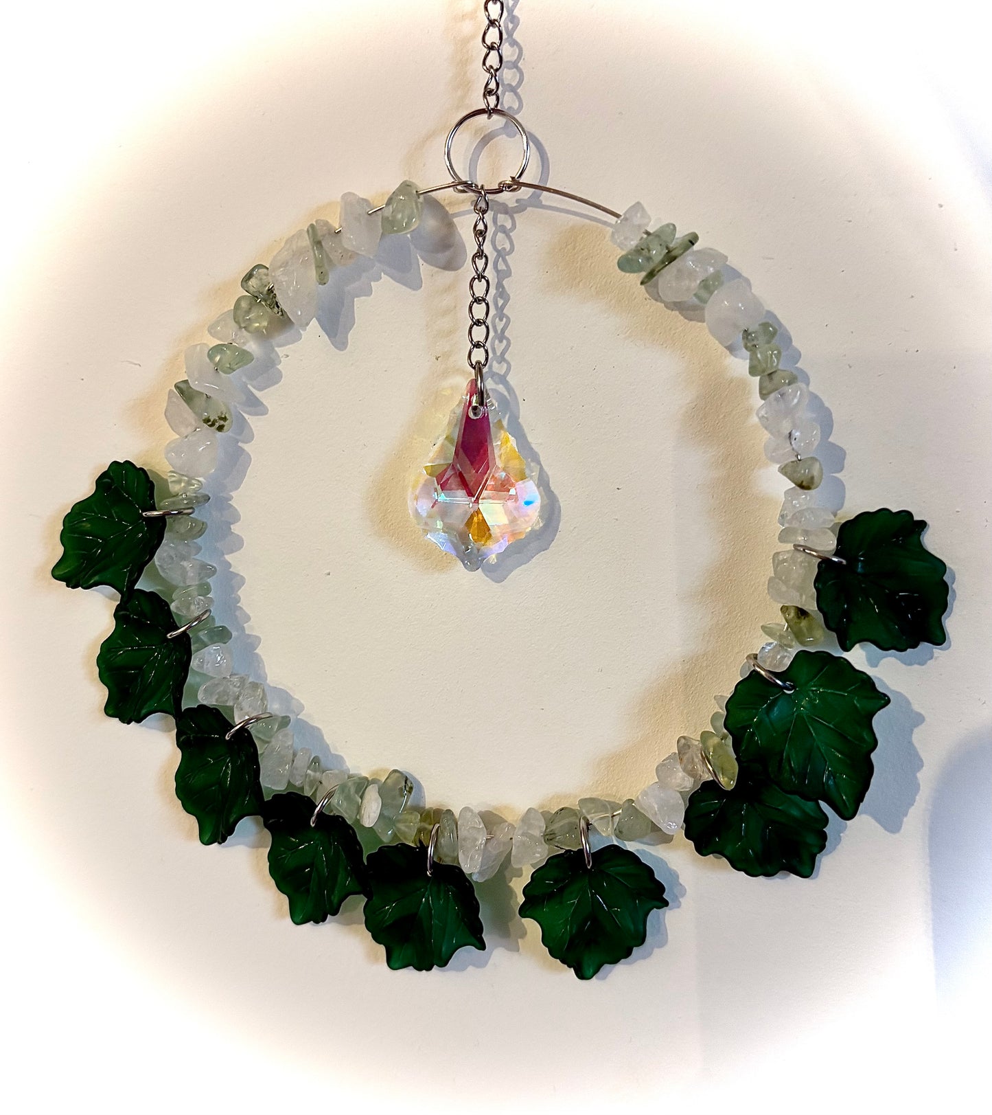 Medium Prehnite and Clear Quartz Suncatcher with Acrylic Leaves
