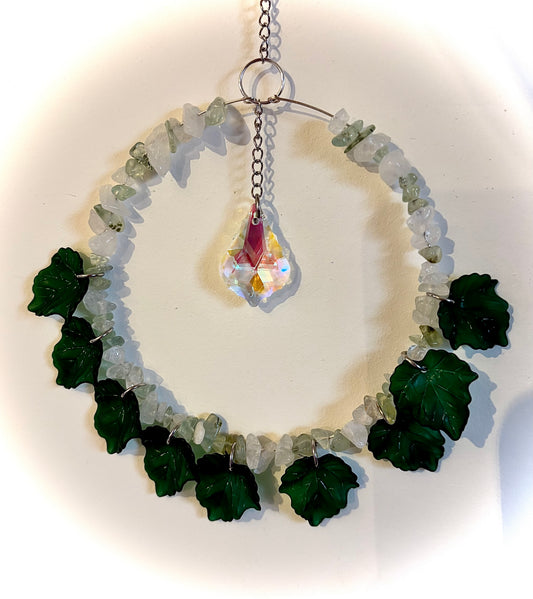 Medium Prehnite and Clear Quartz Suncatcher with Acrylic Leaves