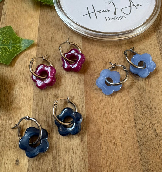 Spring Collection Stainless Steel Hoop Earrings with Acrylic Flowers