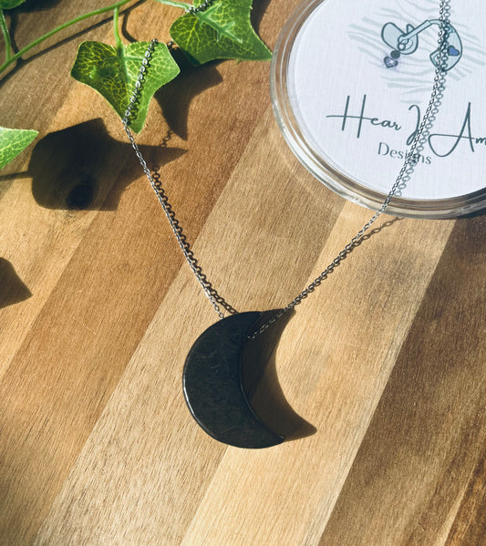 Shungite Moon Pendants on Stainless Steel Chain