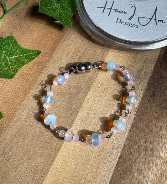✨ Opalite and Pink Glass Bracelet with Magnetic Clasp