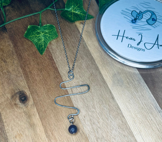Handmade Stainless Steel Wire Pendant with Lepidolite Bead – 18” Chain + 2” Extender