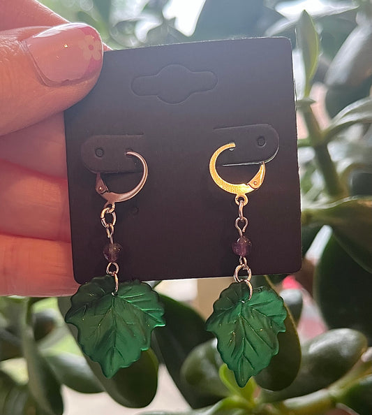Stainless Steel Huggie Hoop Earrings with Acrylic Leaf Charms & Amethyst Beads