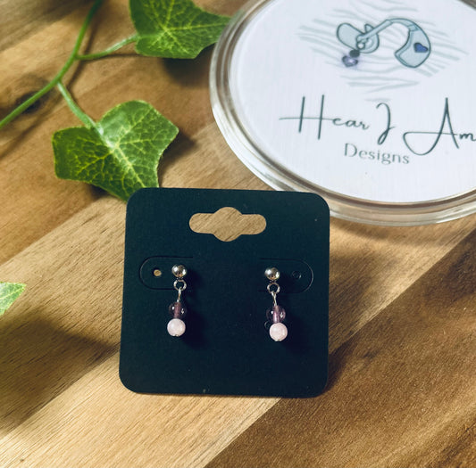 Stainless Steel Stud Earrings with Lepidolite & Crystal Drops