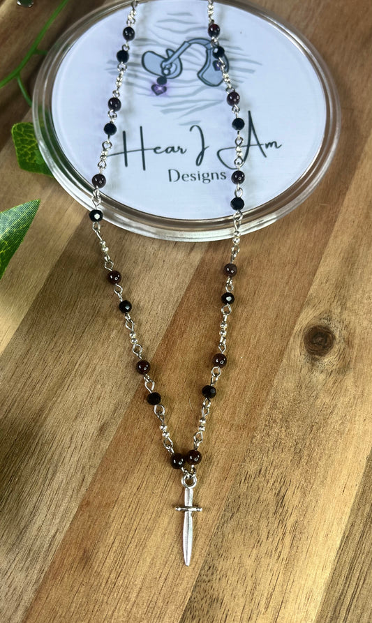Fantasy Dagger Necklace – Garnet, Glass Beads & Stainless Steel