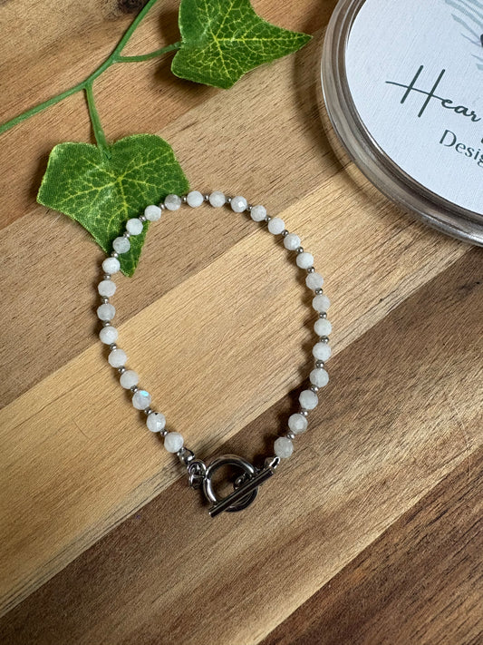 ✨ Easy-Fasten 4mm Rainbow Moonstone Bracelet with Stainless Steel Beads & Toggle Clasp