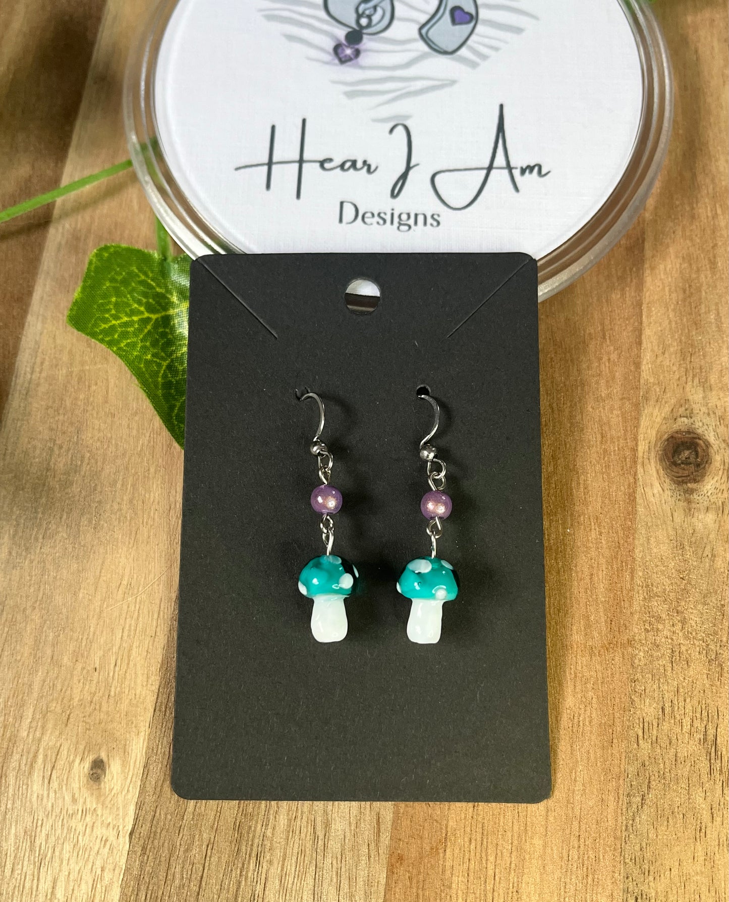 Aqua Mushroom Earrings - glass and iridescent beads