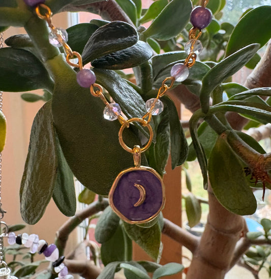 Amethyst & Purple Iridescent Glass Bead Moon Necklace