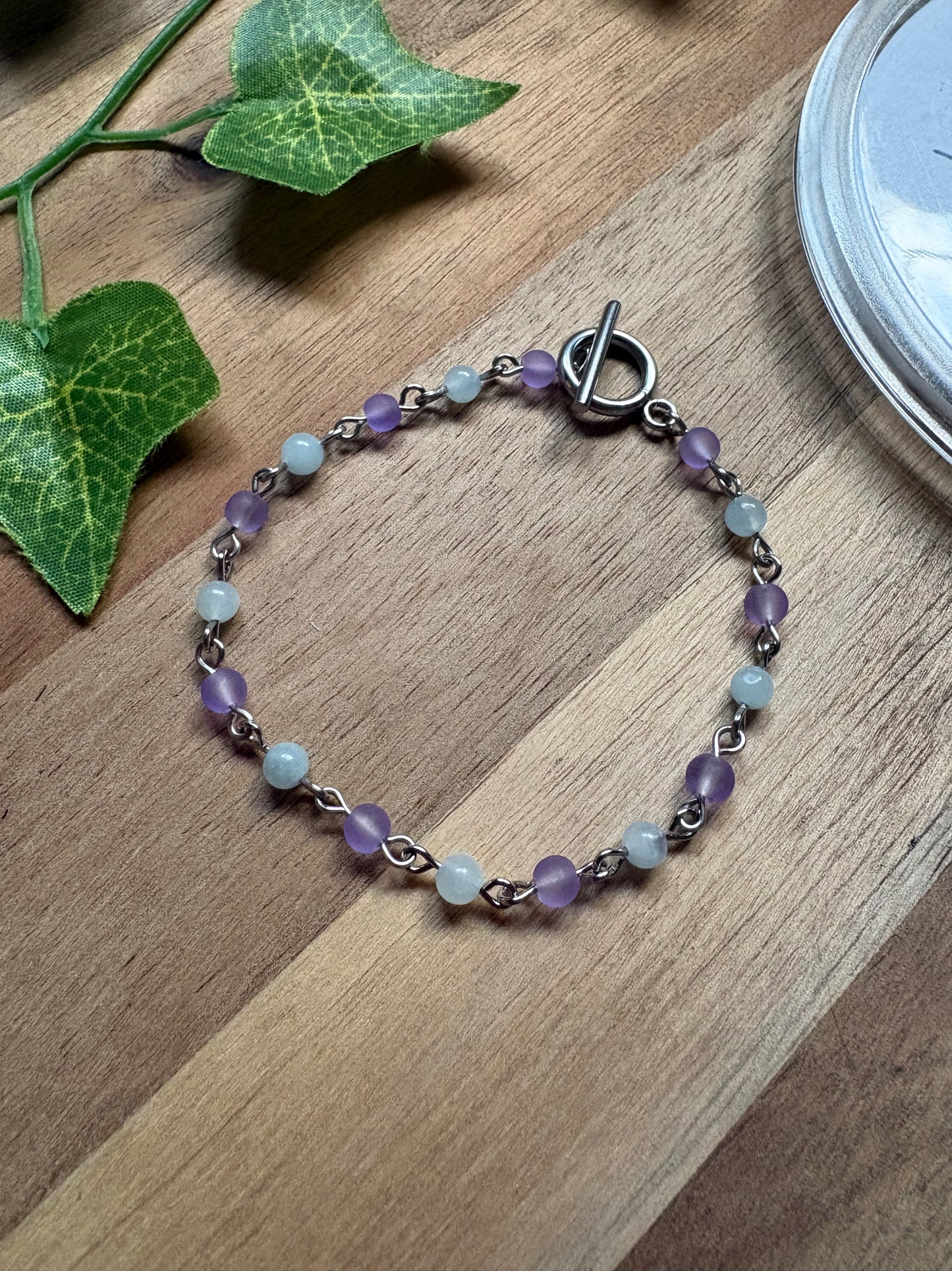 ✨ Hand Beaded Aquamarine & Lilac Glass Bracelet with Toggle Clasp