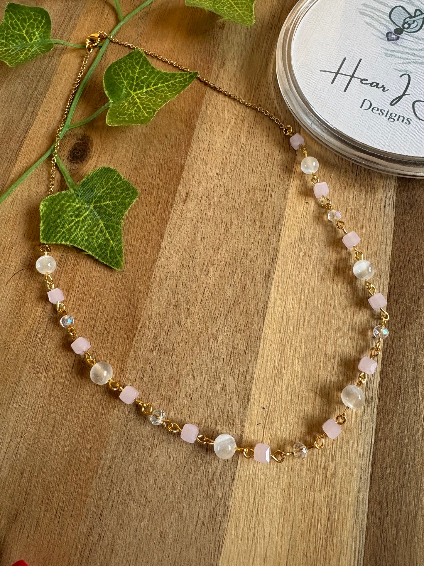Hand-Beaded Selenite & Pink Glass Necklace – Gold-Plated Stainless Steel, 16”
