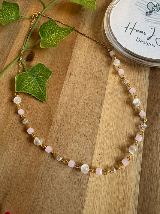 Hand-Beaded Selenite & Pink Glass Necklace – Gold-Plated Stainless Steel, 16”