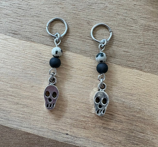 💀 Skull Hearing Aid Charms with Black Glass & Dalmatian Jasper Beads