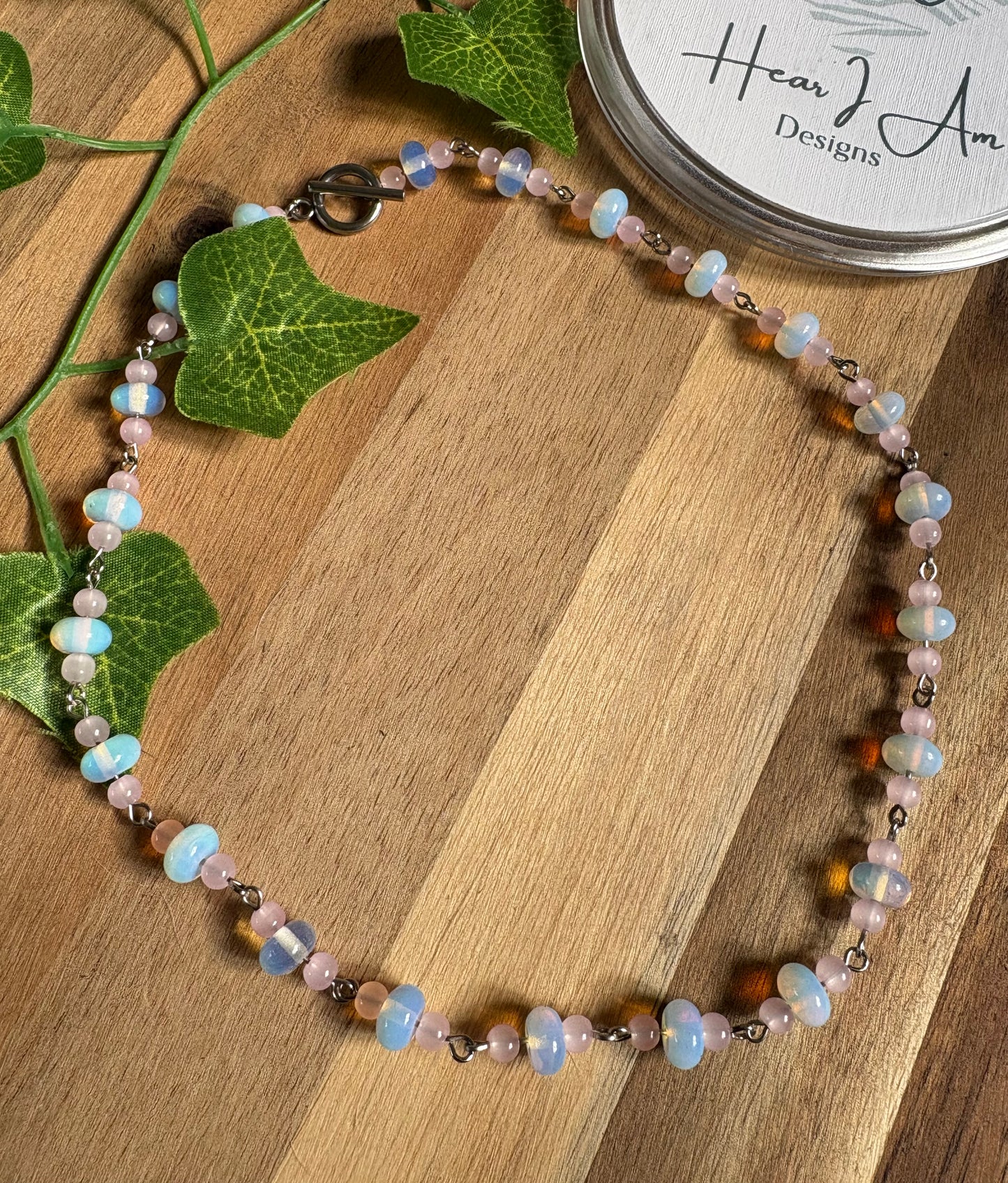✨ Opalite & Pink Glass Bead Necklace with Toggle Clasp