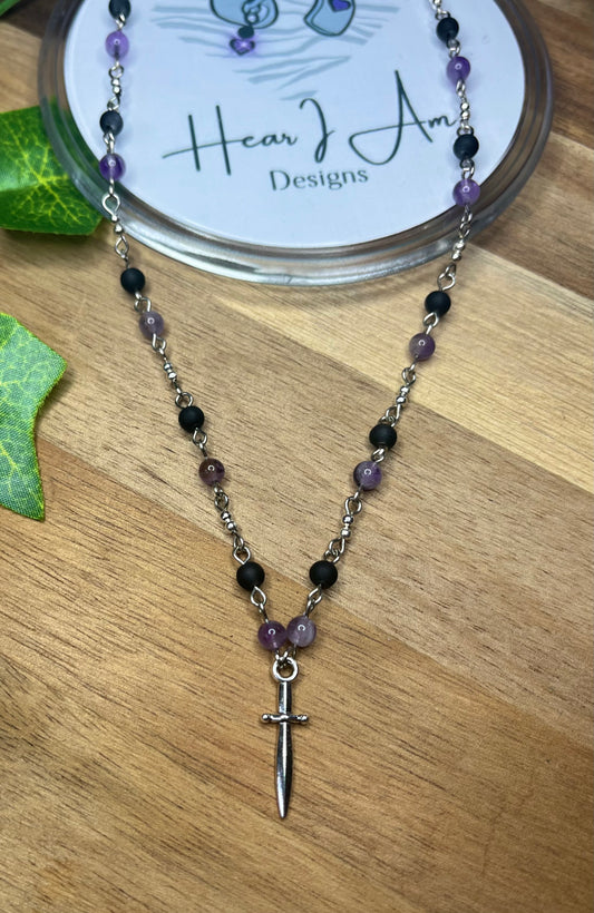Fantasy Dagger Necklace – Amethyst, Glass Beads & Stainless Steel